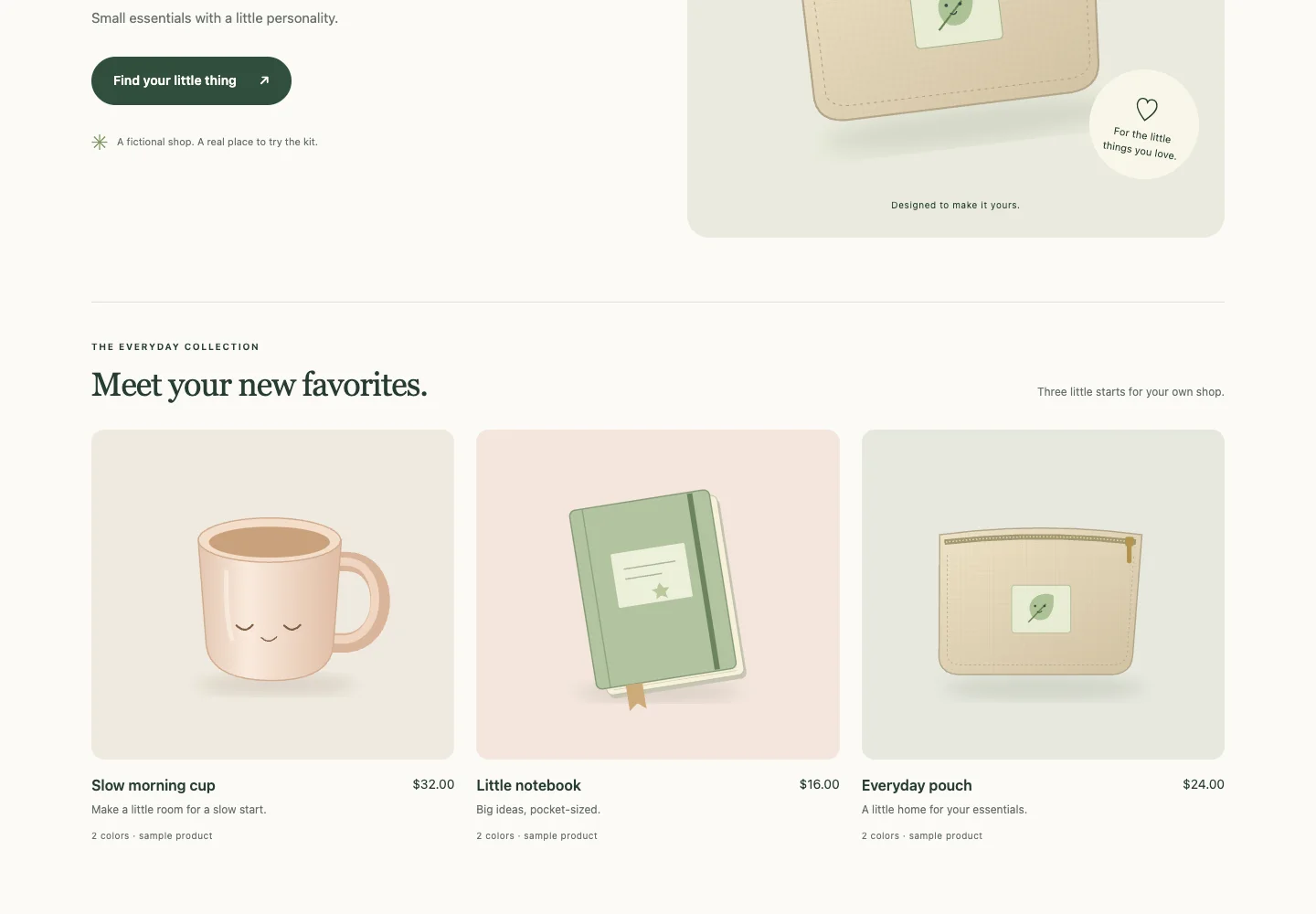 Three illustrated products in the Little Goods collection