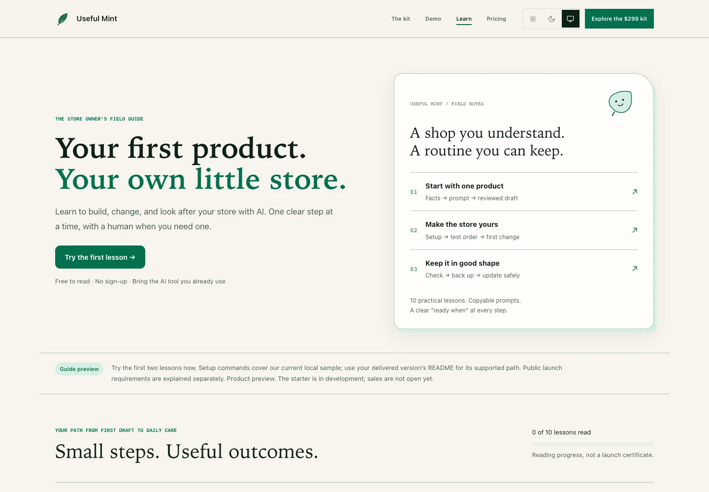 The store owner's field guide with a three-part path from product draft to maintenance