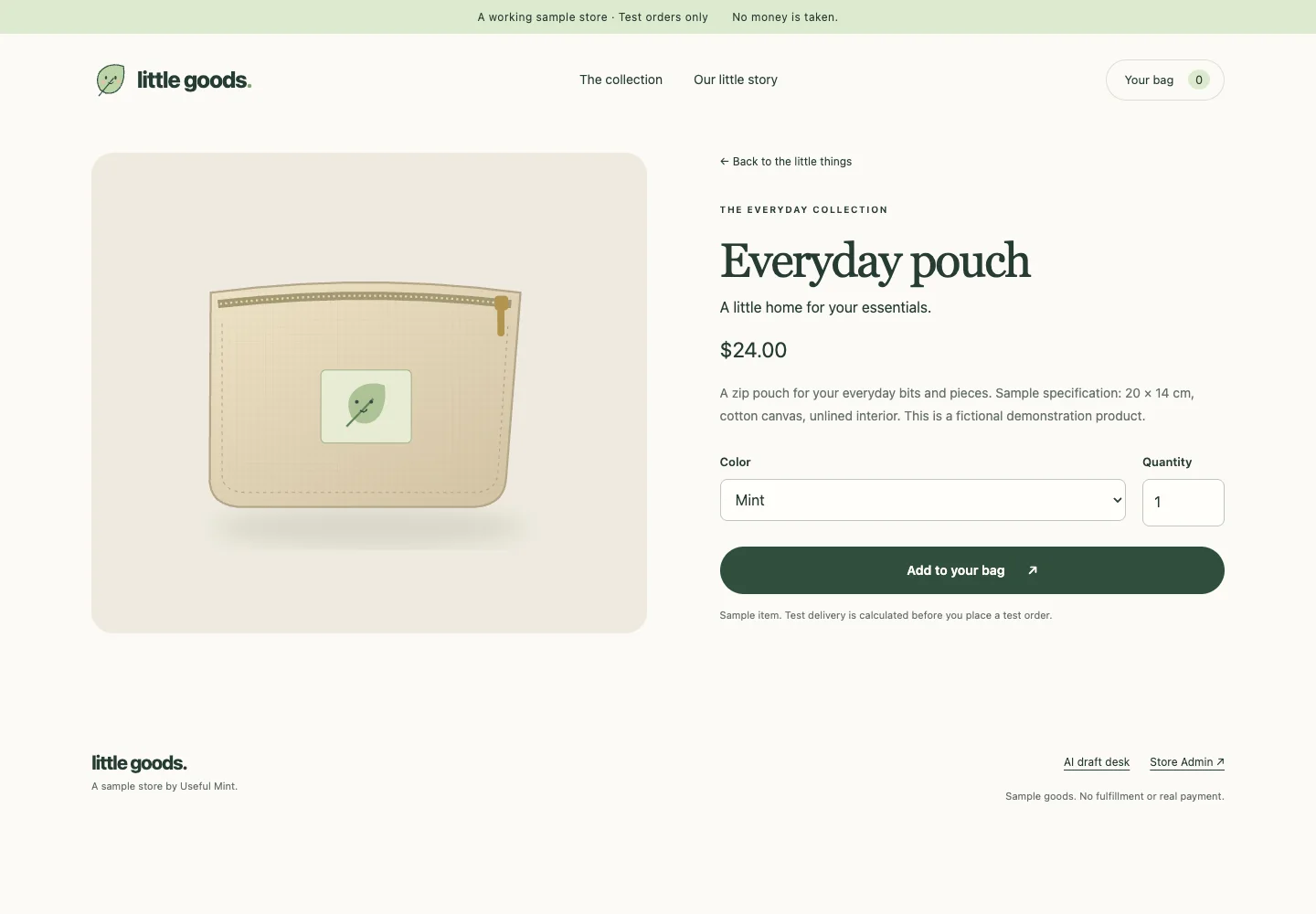 Everyday pouch product page with a large product illustration, price, variant selector, and add-to-bag button