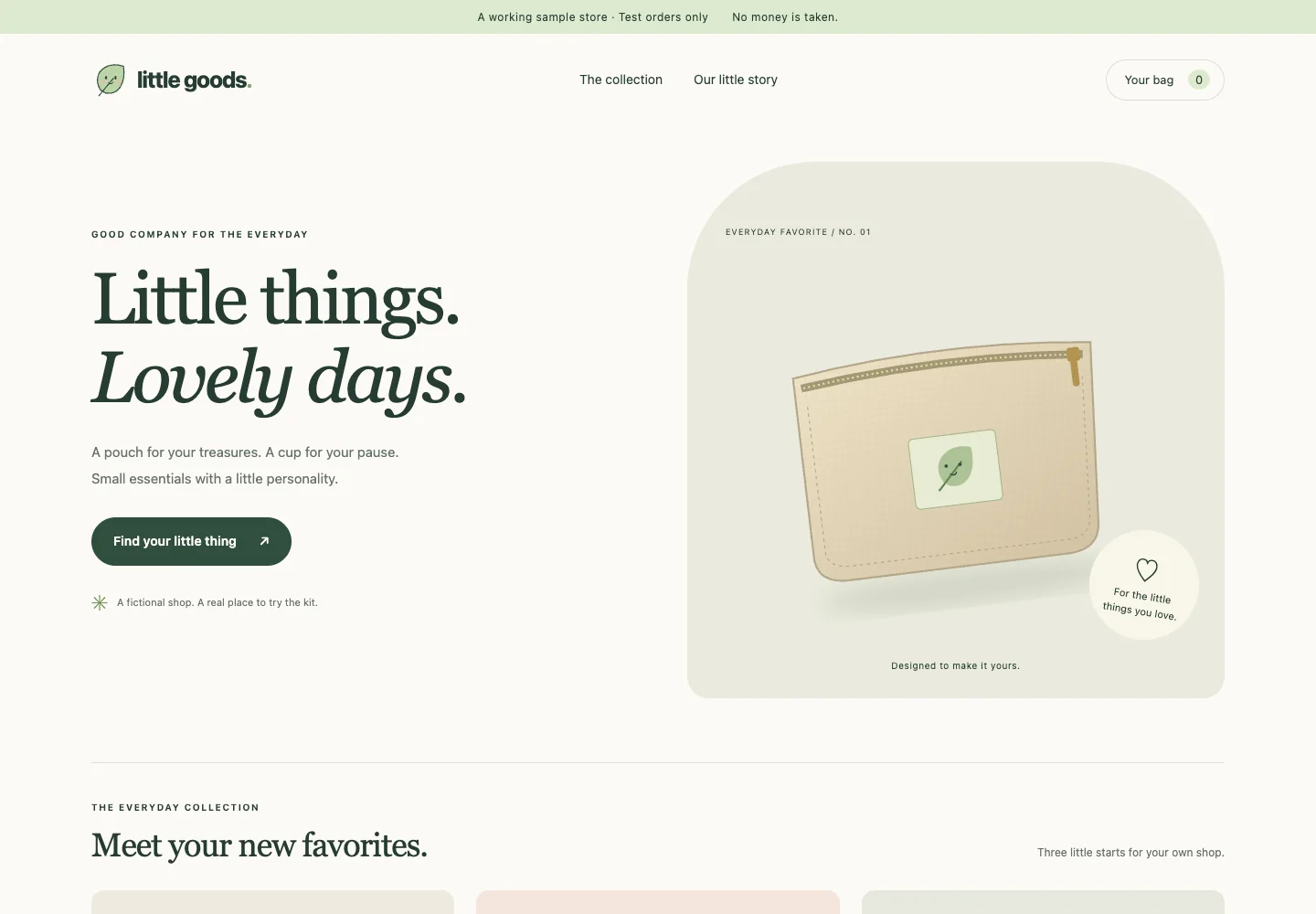 Little Goods sample shop with a mint pouch illustration, collection link, and shopping bag